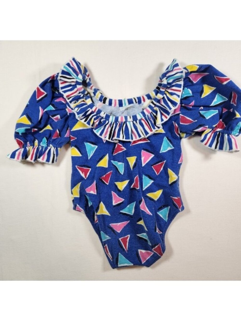 Vintage 80s Toddler Girls Geometric Triangle Puff Sleeve Ruffle Leotard Blue